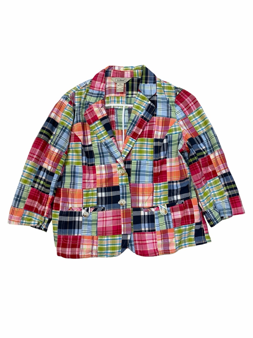 LL Bean Madras Patchwork 3/4 Sleeve Button Up Jacket Womens 10 Multicolor